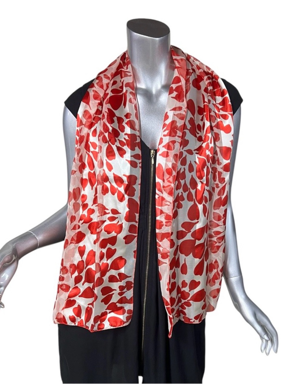 NEW Fashion Scarf Red & White Heart Print Silk Feel 60” X 13”